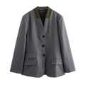 Detailed view of dark grey wool blazer featuring contrasting olive green stand-up collar design - XS / Dark Gray (Olive Green Collar)