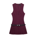 Vestido sin mangas color vino con escote en V, cremallera frontal y cinturón negro - XS / Burdeos