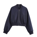 Women street fashion short dark blue bomber jacket with silver zipper and ribbed trim - S / Navy Blue