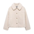 Women's oversized beige teddy fleece jacket with lapel collar and button closure - XS / Off White