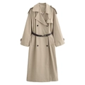 Klassieke kaki double-breasted lange trenchcoat met tailleriem en schouder epauletten - XS / Donker kaki