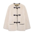 Faux fur jacket in cream with brown leather trim and classic toggle closures - XS / Off White