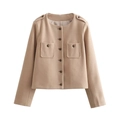Close-up of beige short wool-blend coat with utility flap pockets and dark round buttons - Khaki