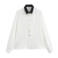Women's long sleeve white shirt with black contrast collar and gold buttons - XS / Black and White Patchwork