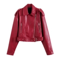 Chaqueta de moto en cuero sintético rojo para mujer con cremallera y cinturón - XS / Rojo