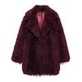 Detail view of burgundy faux fur coat with plush texture and smooth satin lining inside - XS / Burgundy