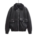 Giacca aviator da donna in ecopelle nera con colletto in peluche e tasche con zip - XS / Nero