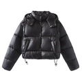 Chaqueta acolchada corta negra brillante para mujer con capucha y cordones ajustables - XS / Negro