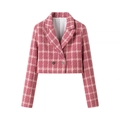 Macro detail of pink plaid tweed cropped blazer showing woven texture and black buttons - S / Pink Plaid