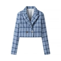Detailed close-up of blue and white tweed cropped jacket with gold metallic buttons - S / Blue Plaid