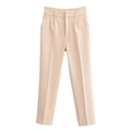Women's chic high-waisted beige dress pants with slim straight cut and front creases - Light Khaki