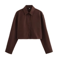 Camicia corta da donna marrone scuro a maniche lunghe con bottoni in twill di qualità - Top Marrone Scuro
