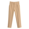 Pantalon beige chic à taille haute pour femme avec coupe droite de style bureau - XS / Kaki