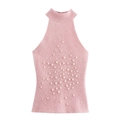 Haut en maille sans manches rose pour femme avec perles élégantes et col montant licou chic - S / Rose