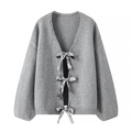 Gilet en maille gris pour femmes avec nœuds à paillettes argentées et décolleté en V - S / Gris