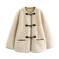 Women's off-white faux fur coat with decorative horn buttons and classic round neck - S / Apricot