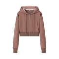 Women's cropped dusty rose drawstring zip-up hoodie with front pockets and ribbed cuffs - S / Brown
