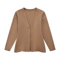 Damen Strickjacke mit V-Ausschnitt und langen Ärmeln in elegantem, einfarbigem Kamelbraun - S / Cardigans / Kaffeebraunes Oberteil