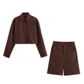 Set due pezzi con camicia corta a maniche lunghe e pantaloncini a vita alta color cioccolato - XS / Set Marrone Scuro