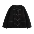 Chaqueta de moda en piel sintética negra para mujer con hebillas de metal y ribetes cuero - S / Negro