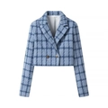 Dames kort geruit jasje in lichtblauw tweed met knopen voor een modieuze herfstlook - S / Blauw Geruit