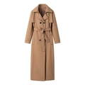 Classic camel double-breasted long wool coat with notched lapels and waist tie belt - S / Khaki