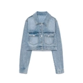 Chaqueta corta de mezclilla azul claro para mujer con mangas largas y bolsillos - XS / Azul