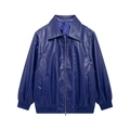 Vue détaillée de la veste en cuir PU bleu marine avec coutures blanches contrastées - Bleu