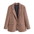 Detail of classic brown houndstooth blazer with notched lapels and flap pockets - S / Brown Plaid