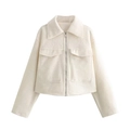 Women's white fuzzy cropped jacket with front zipper and flap pockets in flat lay view - XS / White