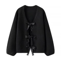 Cardigan noir pour femme avec nœuds en paillettes, col en V et manches lanternes - S / Noir