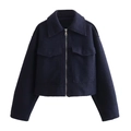 Women's navy blue short wool jacket with zipper closure and large chest pockets - XS / Navy Blue