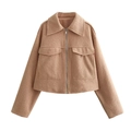 Women's short camel wool jacket with zipper closure and large front pockets - Khaki