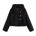 Short black faux fur coat for women featuring classic toggle buttons and a wide collar - XS / Black