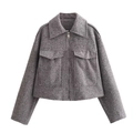 Women's gray short cropped jacket with lapel collar and silver zipper closure detail - XS / Gray