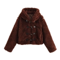 Women's dark brown faux fur coat with fleece texture and classic toggle buttons - XS / Brown Red