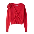 Women's chic red knitted cardigan with oversized floral applique and V-neckline - S / Red