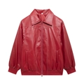 Detailed view of red PU leather jacket with white contrast stitching and ribbed cuffs - S / Red