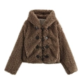 Short brown faux fur coat with toggle buttons and high collar for winter styling - XS / Brown