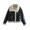 Chaqueta aviadora para mujer en cuero sintético negro con ribete de borreguillo - XS / Negro