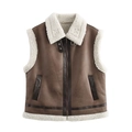 Gilet femme en similicuir marron avec bordure en sherpa blanc et fermeture éclair - S / Marron