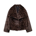Kurze Damen-Kunstpelzjacke mit Leopardenmuster, breitem Revers und lockerer Passform - XS / Dunkles Leopardenmuster