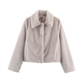Close-up of fluffy faux fur jacket with classic lapel and smooth lining detail - S / Light Gray