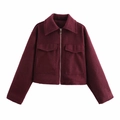 Women's cropped burgundy wool jacket with zipper closure and flap pockets - Burgundy