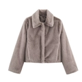 Detailed close-up of dark brown faux fur jacket featuring thick soft texture and wide lapels - S / Dark Gray