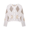 Women's diamond knit cardigan with silver sequins and button front in beige - S / Off White