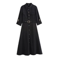 Vestido midi elegante negro de manga larga con cinturón y detalles metálicos dorados - XS / Negro