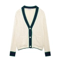 Gilet torsadé crème à col en V pour femme avec bordures rayées et poches - S / Blanc Cassé