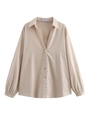 Beige cotton linen shirt for women featuring V-neck and elastic lantern sleeves - S / Khaki Jacket