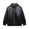 Men's black faux leather jacket with contrast white stitching and ribbed collar - S / Black